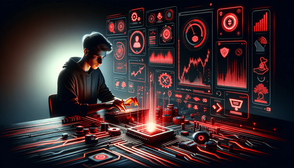 Informative image featuring a young man at his desk, engaged in fixing his computer. The scene is set against a backdrop of financial icons, graphs, and data streams in vivid red and black, capturing the essence of high-tech finance and innovation.