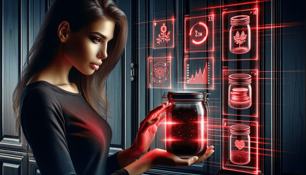 Informative image of woman looking at mason jars in her kitchen cupboard, with an overlay of financial icons, graphs, and data streams in a striking black and red color scheme. The image captures the essence of high-tech financial engagement and how to save money by upcycling.